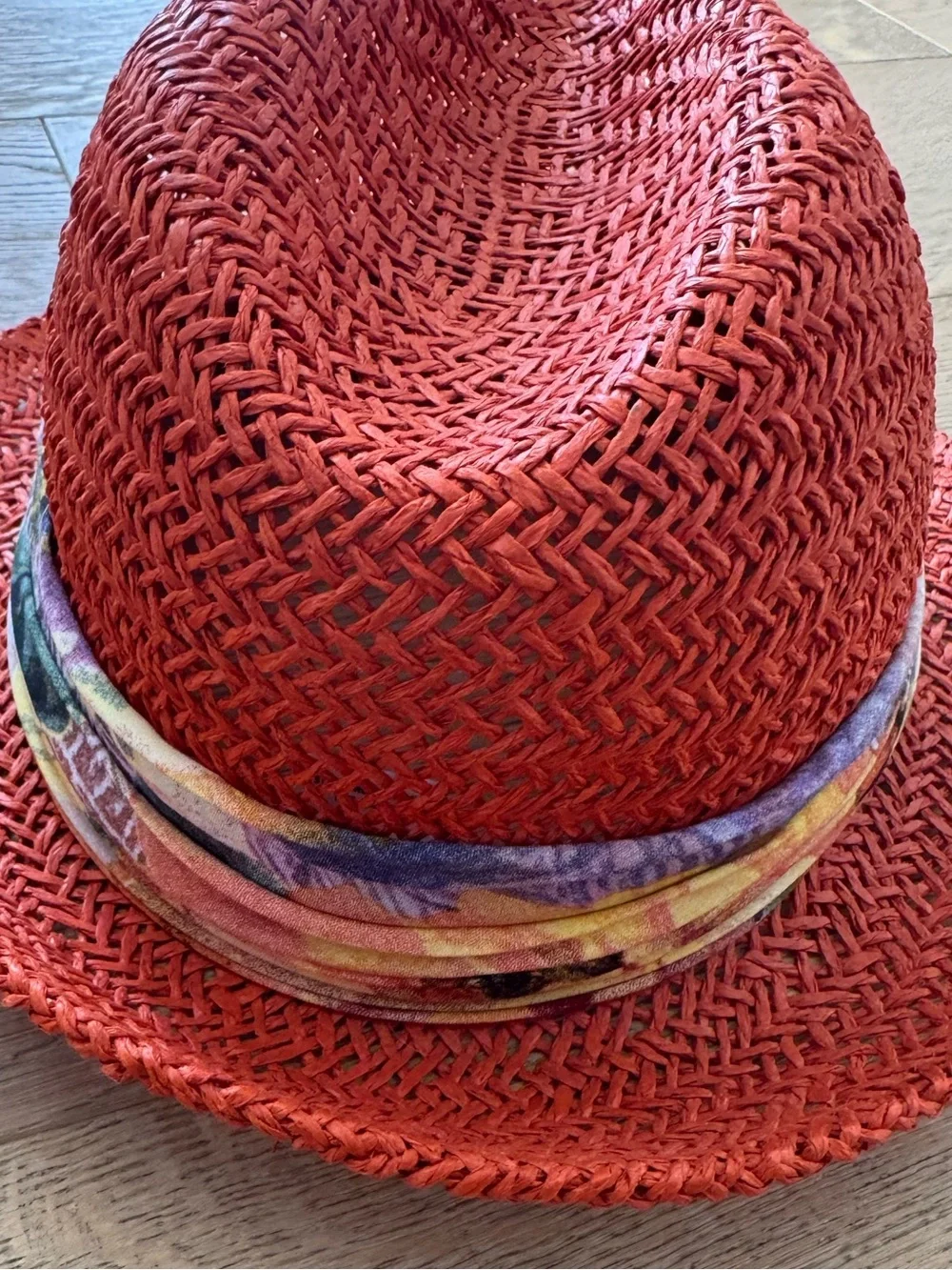 Hinge Orange 100% Straw Fedora with Floral Scarf Band